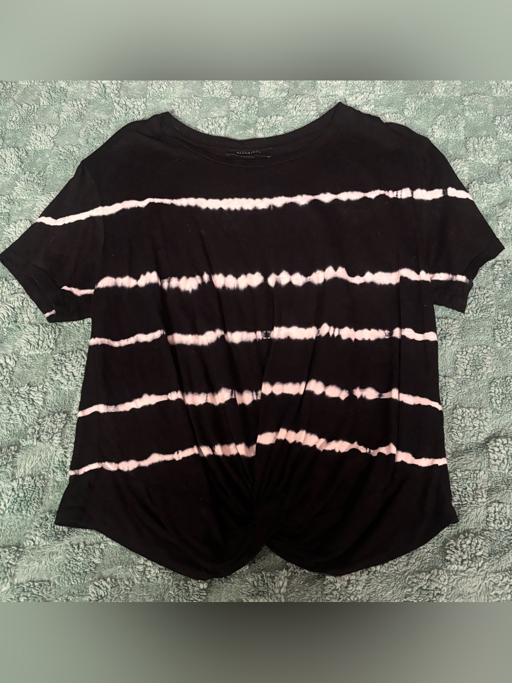 All Saints Black Tee with White Tie-Dye Stripes